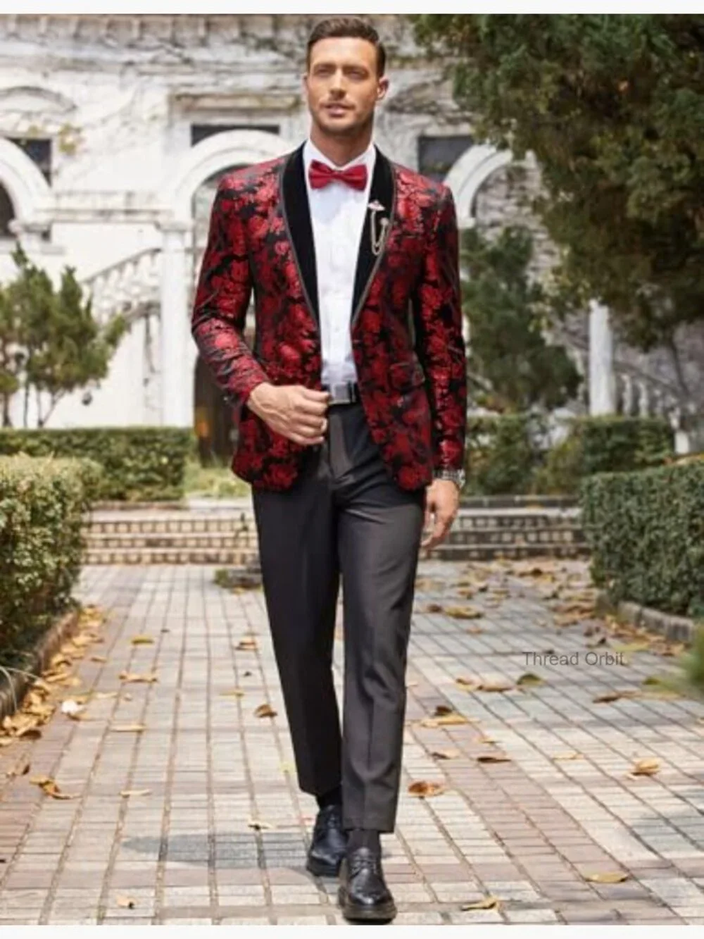 Velvet Tuxedo Floral Blazer Jacket One Button Shawl Lapel Prom - Picture 5 of 7